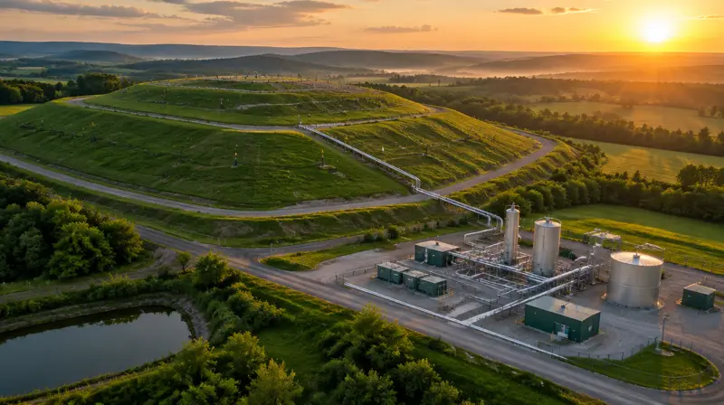 Aerial view of a capped landfill and a gas processing plant at sunset